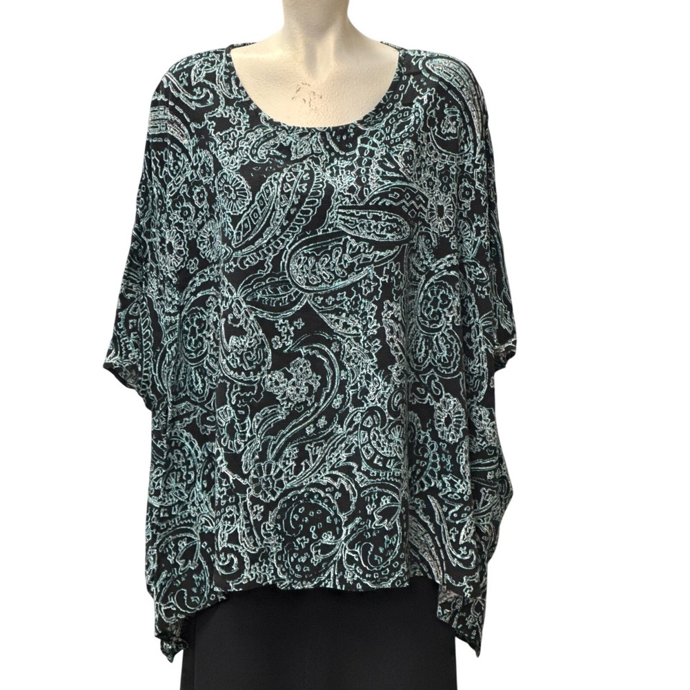 East 5th‎ Woman Black Teal Paisley Print Top 0X Plus Size Blouse Hi Low